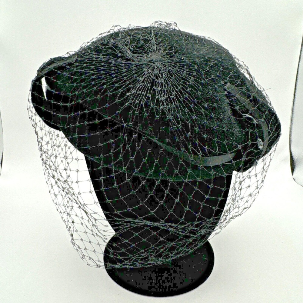 Vintage Velour Imported Fur Hat Black Rhinestones Veil Church Lady
